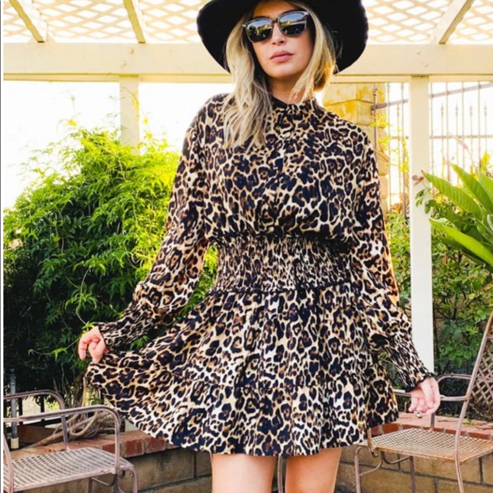 Leopard Print Smocked Dress - Size L